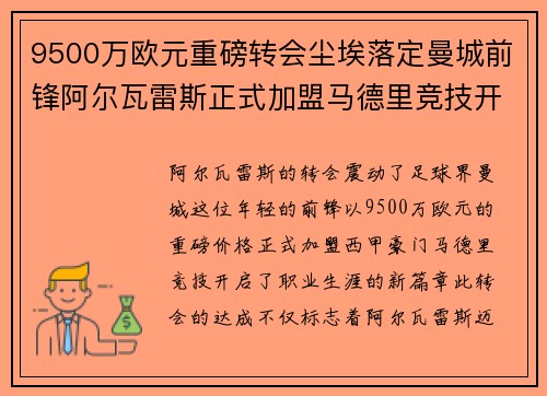 9500万欧元重磅转会尘埃落定曼城前锋阿尔瓦雷斯正式加盟马德里竞技开启新篇章 9500万欧元重磅转会尘埃落定曼城前锋阿尔瓦雷斯正式加盟马德里竞技开启新篇章