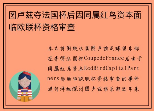 图卢兹夺法国杯后因同属红鸟资本面临欧联杯资格审查 图卢兹夺法国杯后因同属红鸟资本面临欧联杯资格审查
